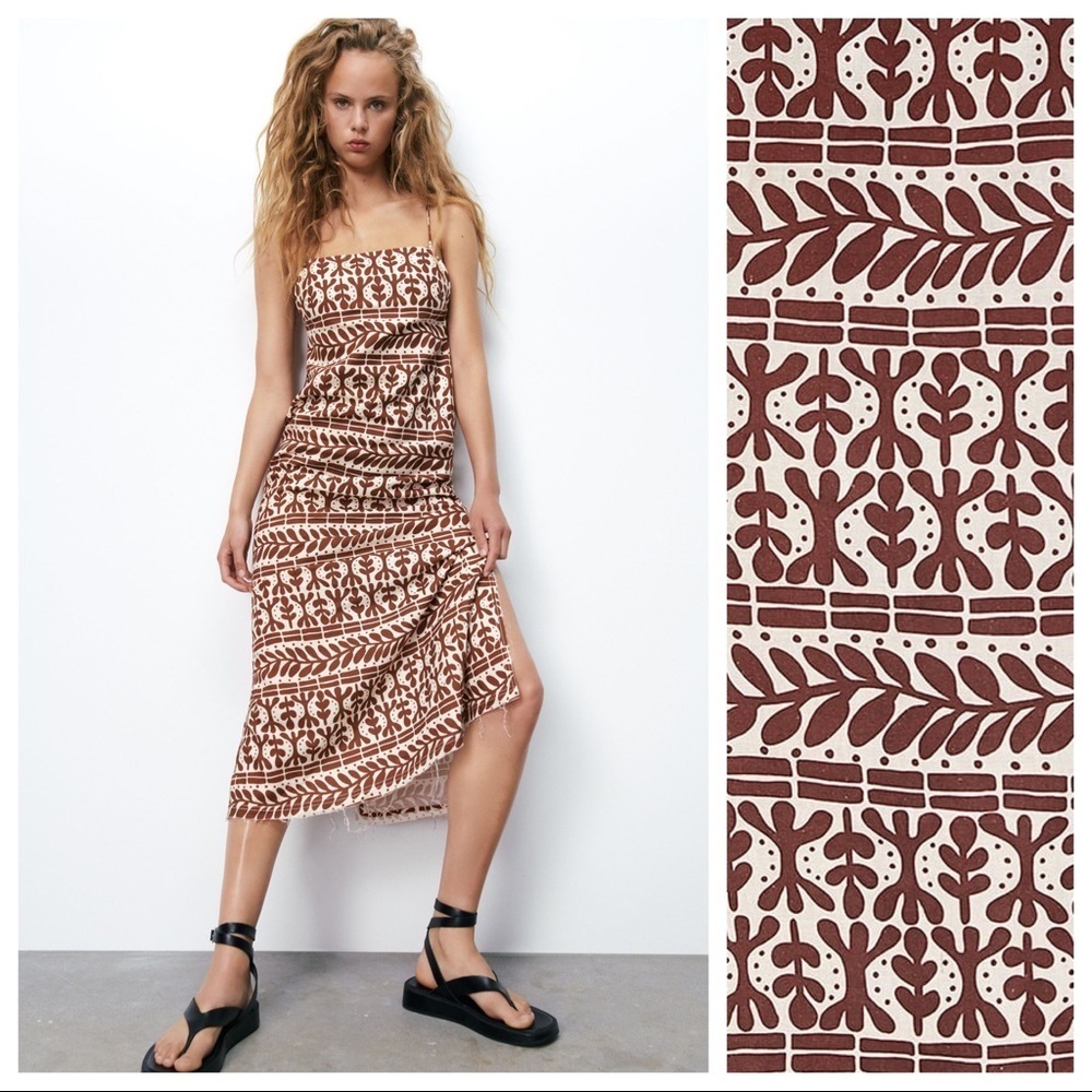 NWT. Zara Cream/Brown Printed Linen Midi Dress. Size XS.